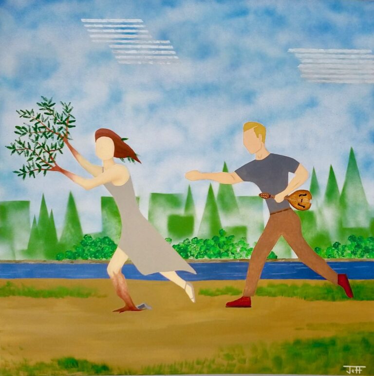 Contemporary abstract representational art, color oil painting on canvas -- greek mythology, apollo daphne sexes relationships