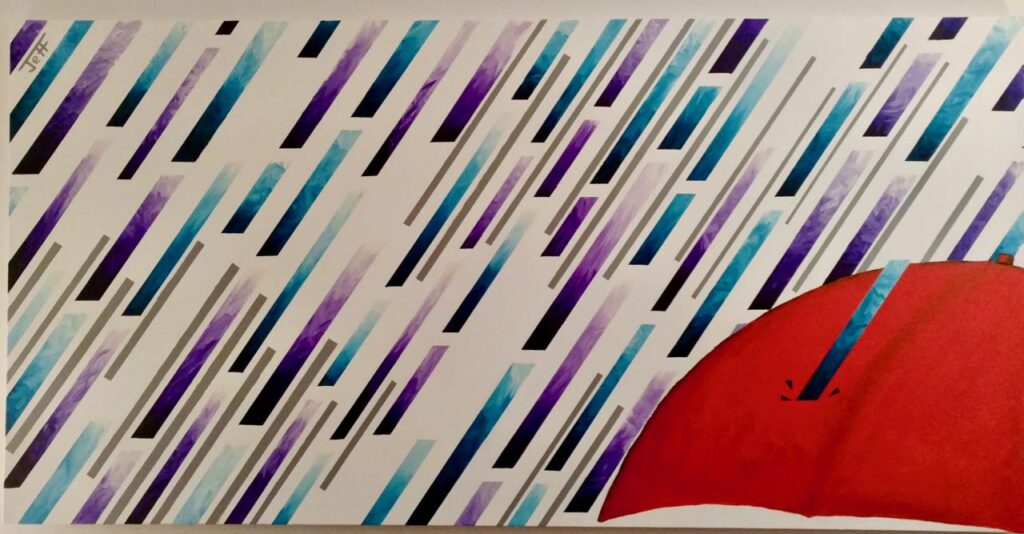 Contemporary abstract representational art, color oil painting on canvas -- rain, umbrella