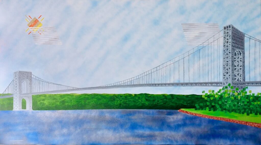 Contemporary abstract representational art, color oil painting on canvas -- bridge river sunshine landscape