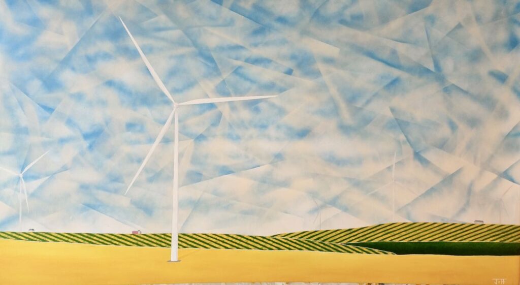 Contemporary abstract representational art, color oil painting on canvas -- iowa landscape wind turbine fields
