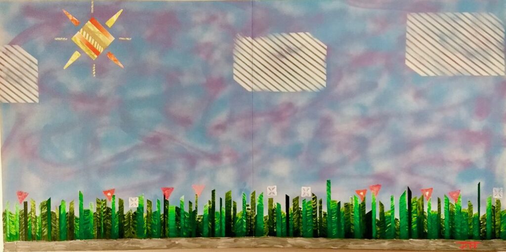 Contemporary abstract representational art, color oil painting on canvas -- park spring flowers landscape bloom diptych seasonal
