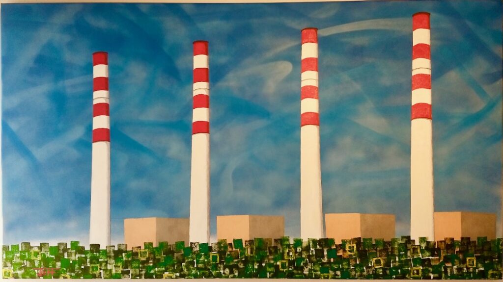 Contemporary abstract representational art, color oil painting on canvas -- industrial landscape architecture