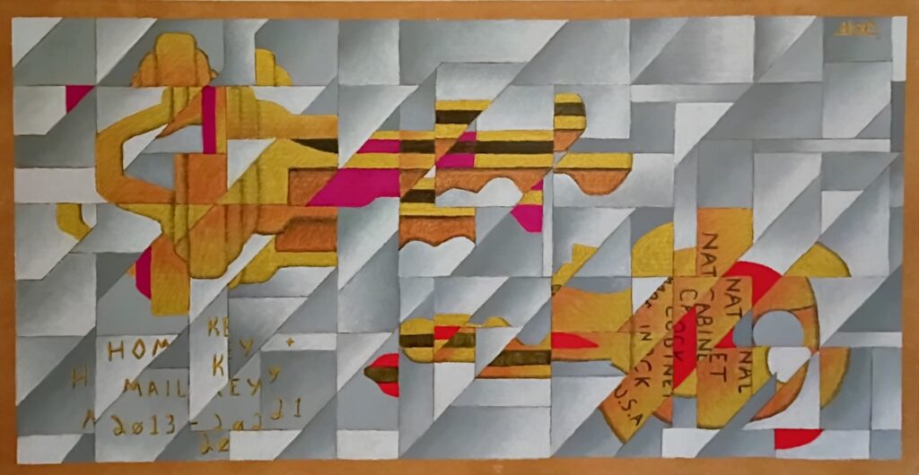 Contemporary abstract representational art, color oil pastel cardboard, cubism -- keys, home, lock