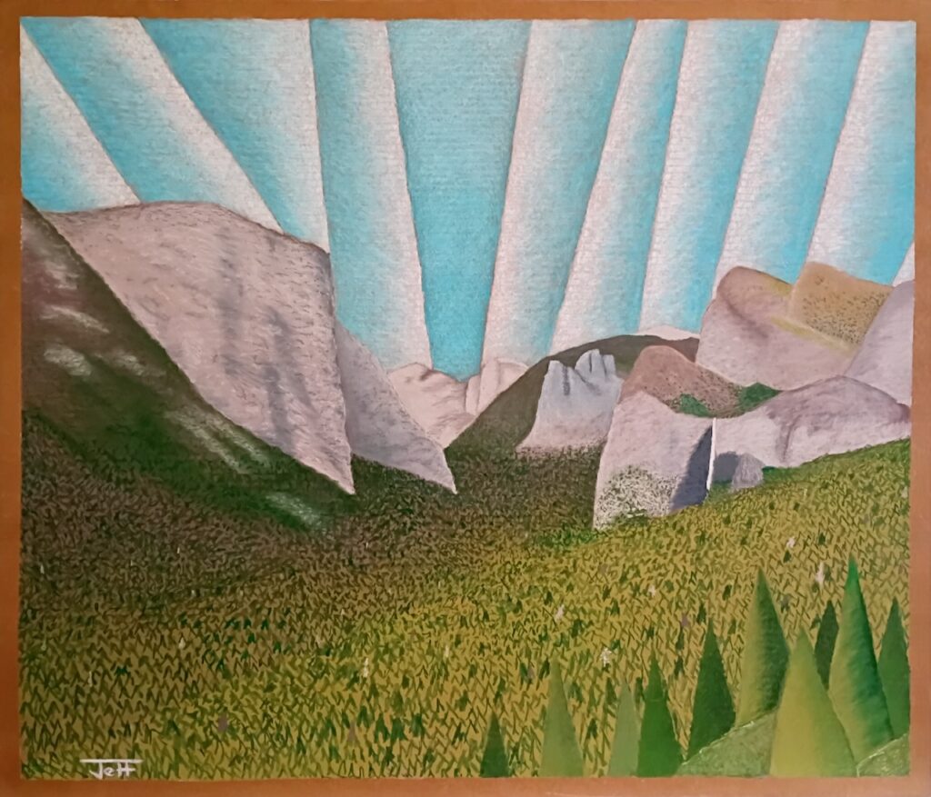 Contemporary abstract representational art, color oil pastel cardboard -- landscape cubist nature national park yosemite tunnel view