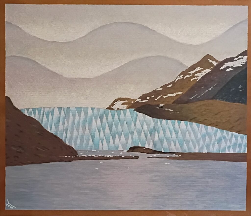Contemporary abstract representational art, color oil pastel cardboard -- landscape cubist nature national park glacier bay alaska snow ice mountains