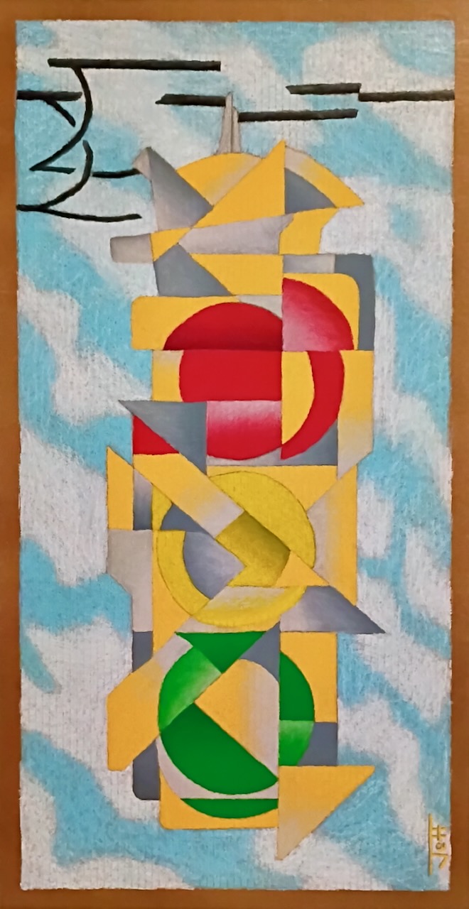 Contemporary abstract representational art, color oil pastel cardboard, cubism -- traffic control signal light