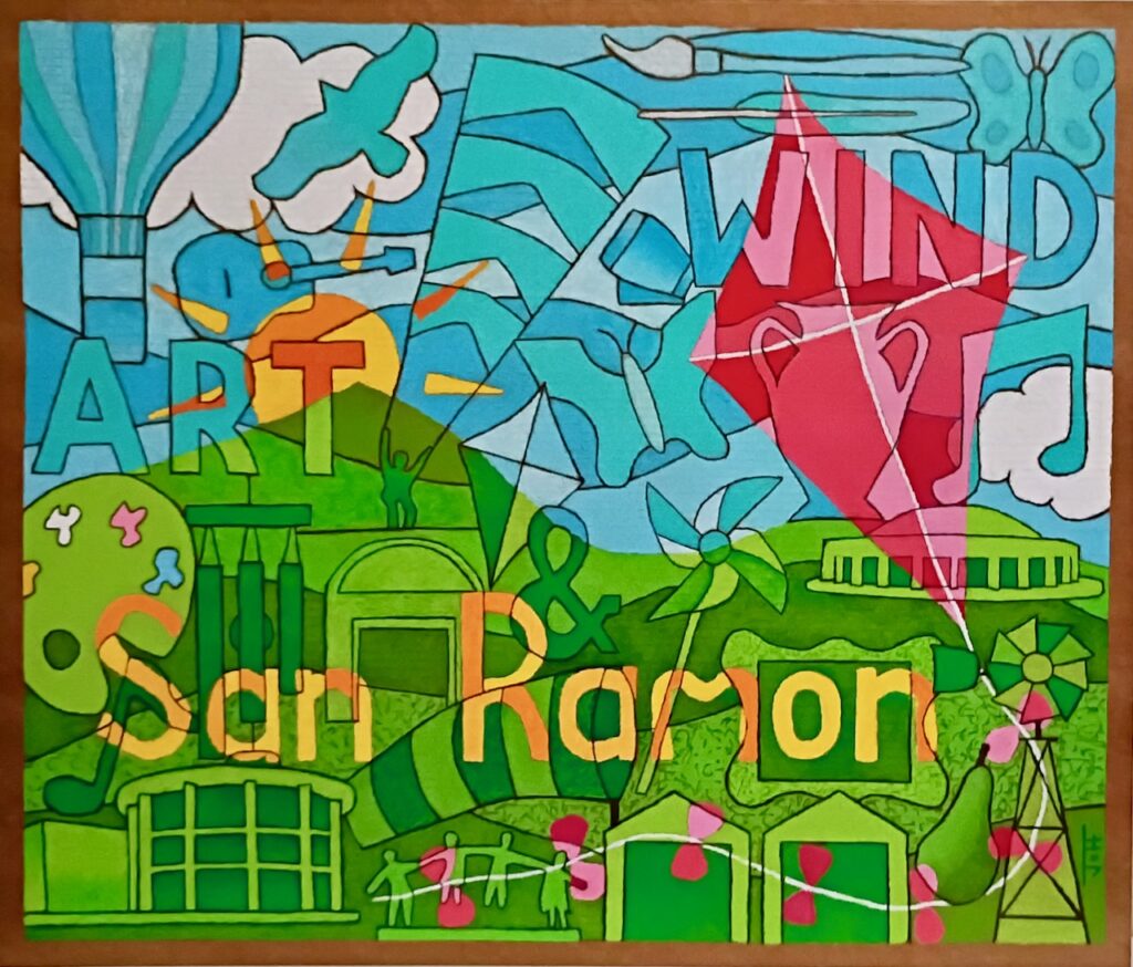 Contemporary abstract representational art, color oil pastel cardboard -- san ramon art wind festival kite sun california