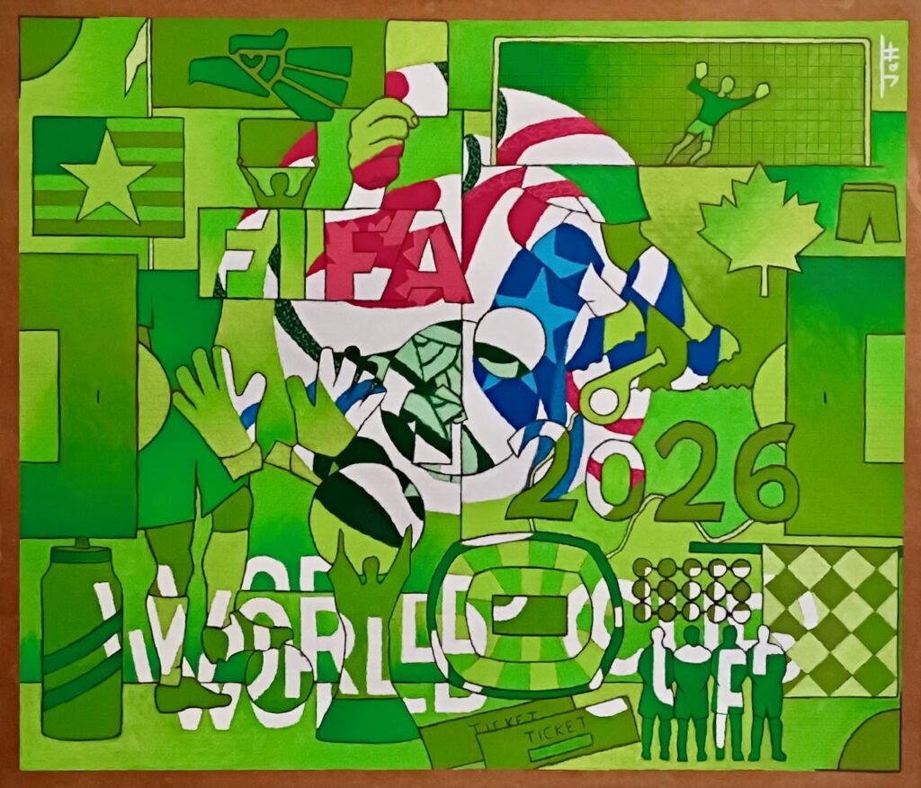 Contemporary abstract representational art, color oil pastel cardboard -- FIFA world cup 2026 soccer football sports