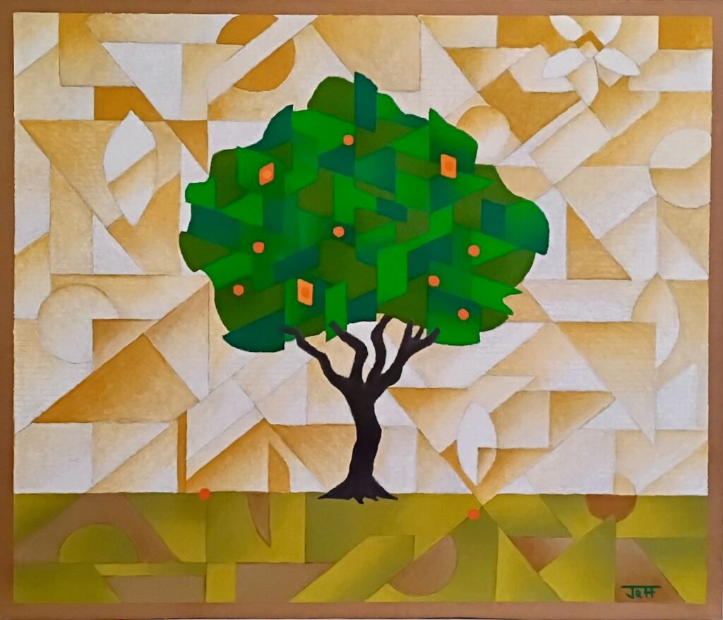Contemporary abstract representational art, color oil pastel cardboard -- landscape cubist nature orange tree