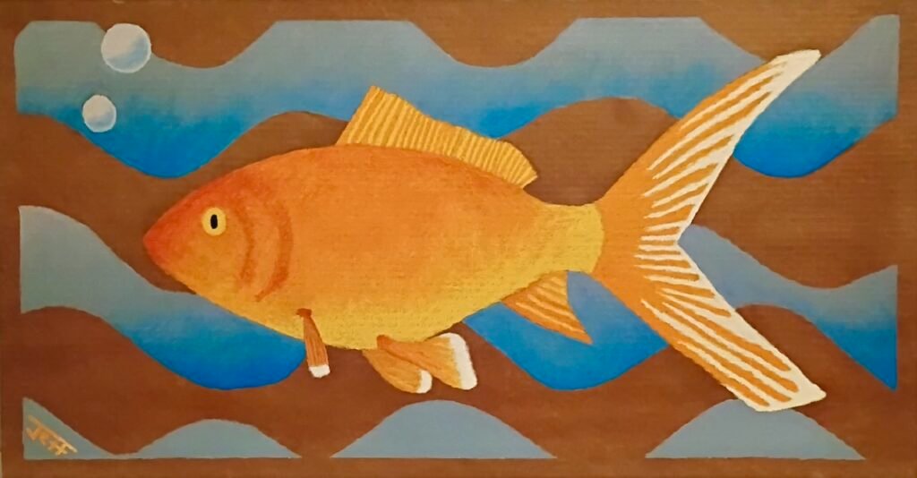 Contemporary abstract representational art, color oil pastel cardboard -- goldfish zodiac water animal fish